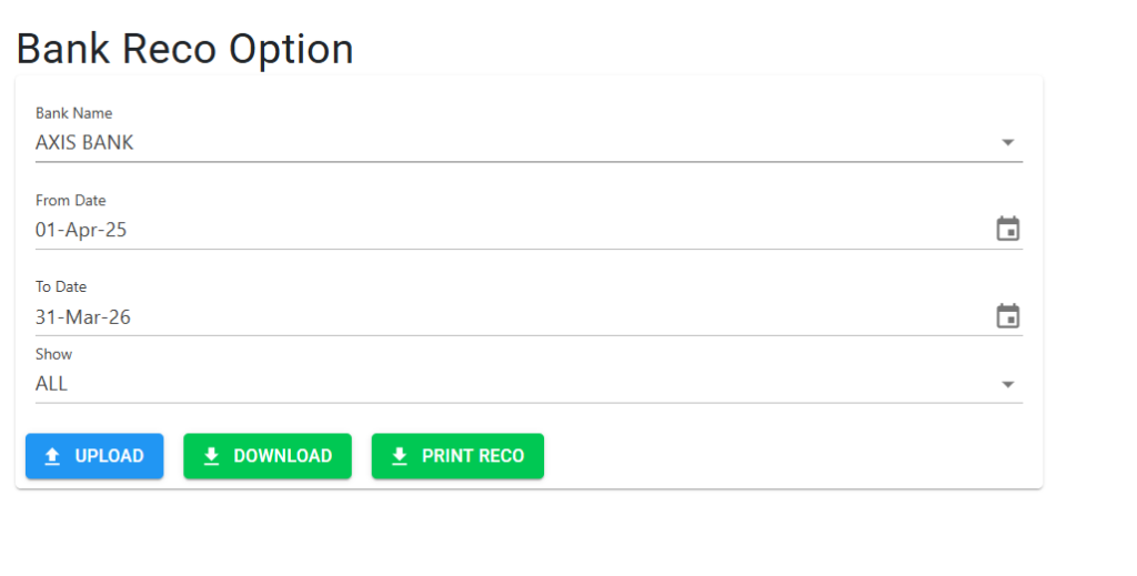 Bank Reco Option Screen