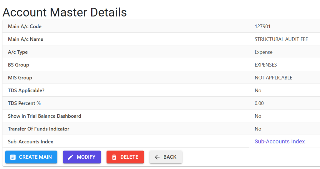 Account Master Details Screen