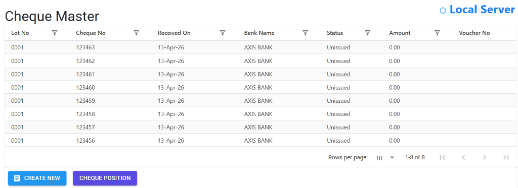 Cheque Index Page