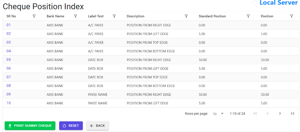 Cheque Position Screen