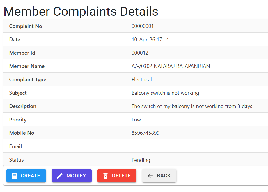 Member Complaints Details Screen