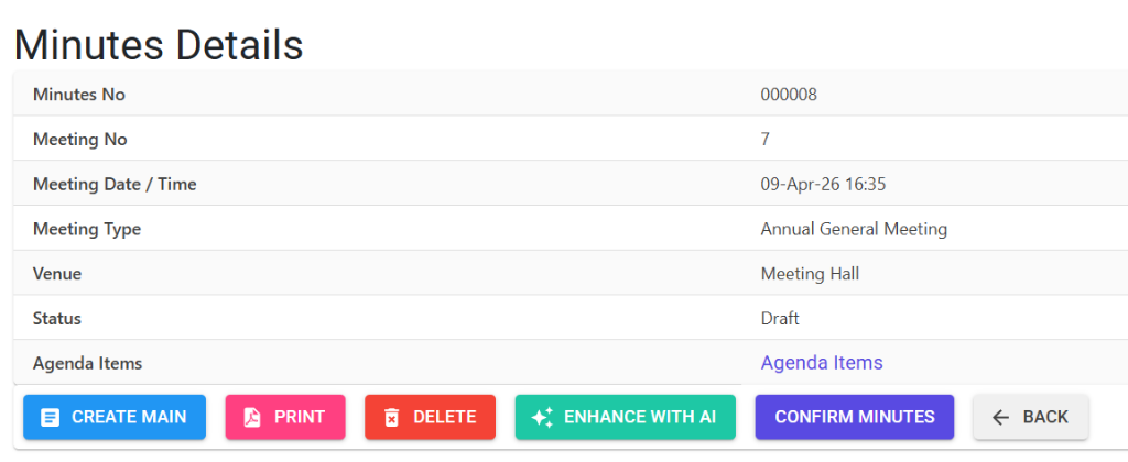 Minutes Details Screen