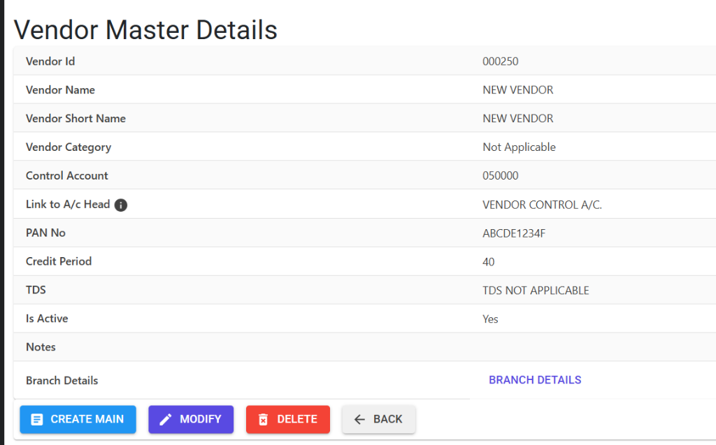 Vendor Master Details